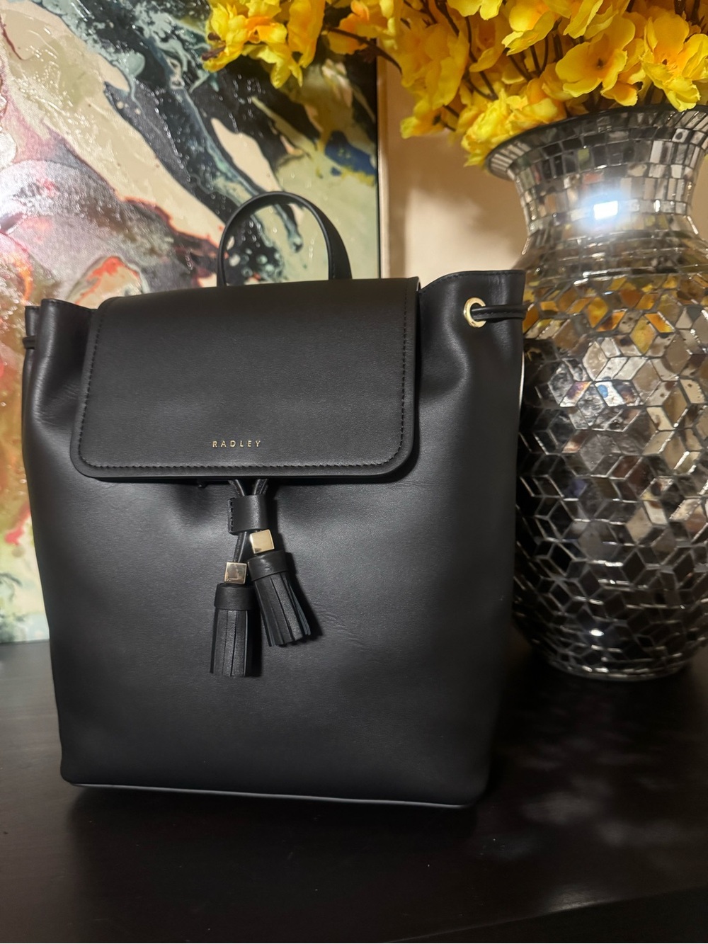 RADLEY LONDON Black Leather Tassel Drawstring Backpack